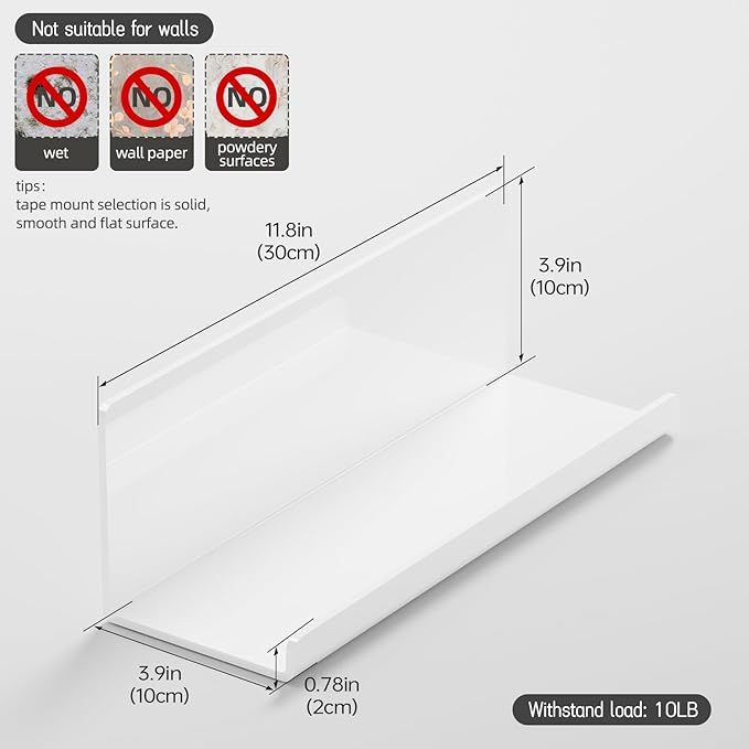 Acrylic Wall Floating Shelves Set of 2, Wall Shelves White 12 Inch Adhesive Wall Organizer Adhesive Shelf for Bathroom, Kitchen, Bedroom, Office, Gaming Room, No Damage, No Drill-NeatNest
