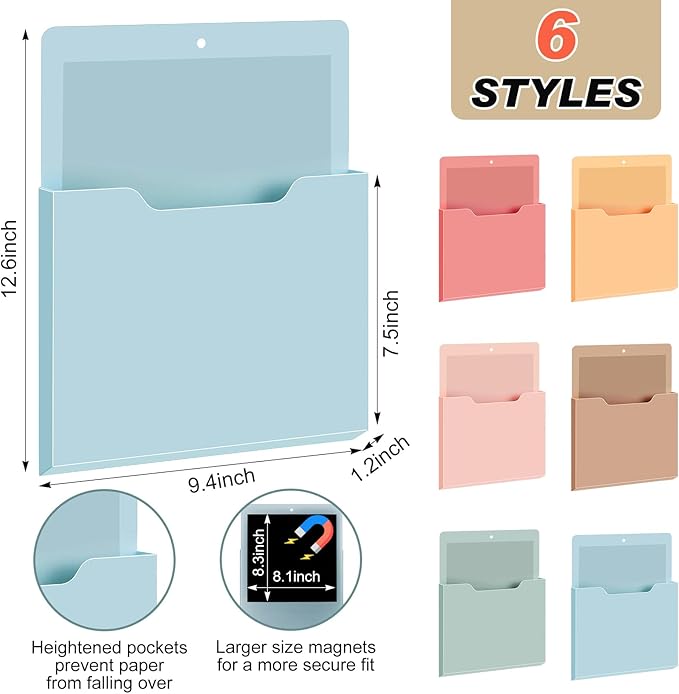 Fuutreo 6 Pcs Magnetic Wall File Organizer Magnetic Wall File Holder Refrigerator Magazine Holder for Mail Letters Paper(Light Vintage,10 x 13 Inch,Vertical)