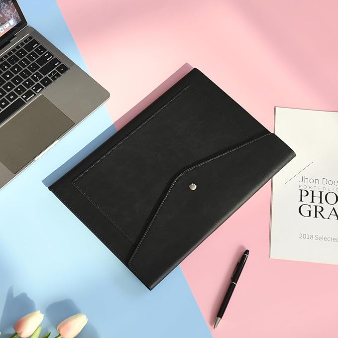 Wason A4 Document File PU Leather with Expanding Large Size Pockets Envelope Case Holder Paper Bills Stationery Tablet and PC, Perfect for Work Study Traveling (Black)