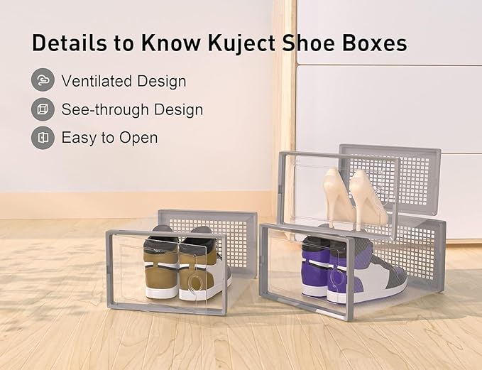Kuject X-Large Shoe Storage Boxes Organizers Clear Plastic Stackable 12 Pack, Shoe Rack & Holder Substitute, Sneaker Containers, Toy Storage Organizer Bins for Entryway, Closet, Under Bed, Blue-NeatNest
