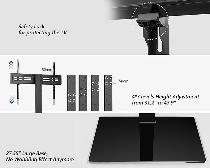 FITUEYES Universal TV Stand with Swivel Mount for 50-85 inch Flat Screens - Height Adjustable Tempered Glass Base Holds up to 143 lbs