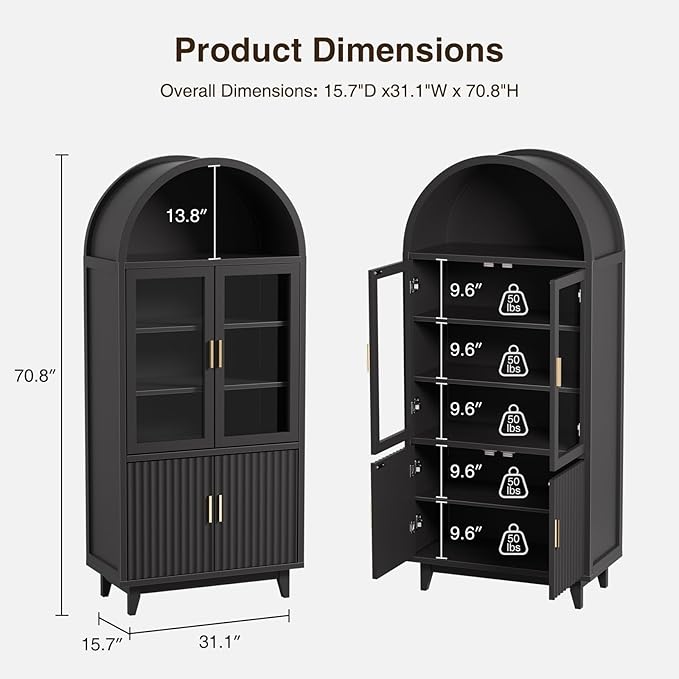 Arched Cabinet with Glass Doors, Fluted Tall Pantry with Solid Wood Legs, 71" Modern Accent Cabinet for Living Room, Kitchen, Dining Room, Entryway, Black