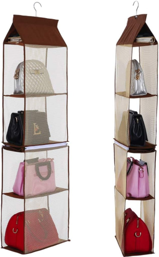 Detachable 4 Compartment Pouch Hanging Handbag Organizer Clear Purse Bag Storage Holder Wardrobe Closet Space Saving Organizers System for Living Room Bedroom(Pack of 2 Brown)-NeatNest