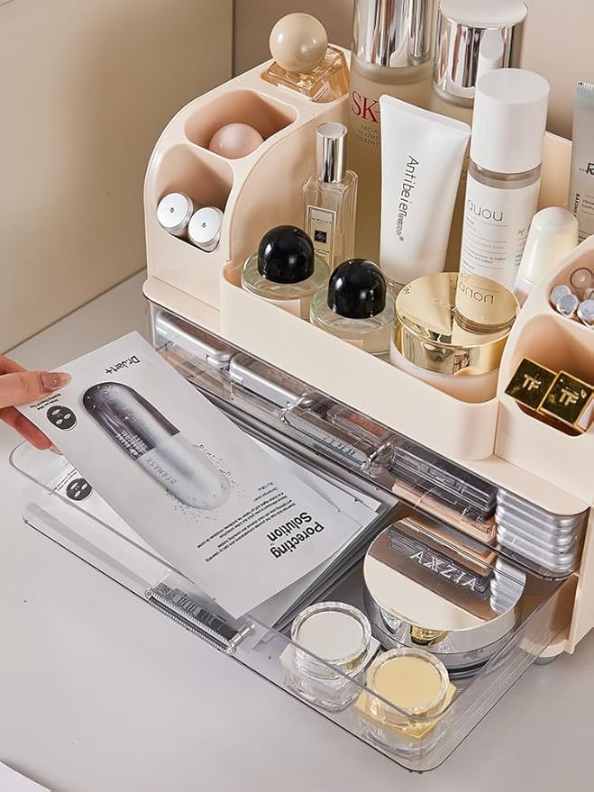 Makeup Organizer with 2 Drawers, Cosmetic Display Case, Storage Holder for Vanity, Bathroom Counter, Desk, Beauty Supplies (Cream)
