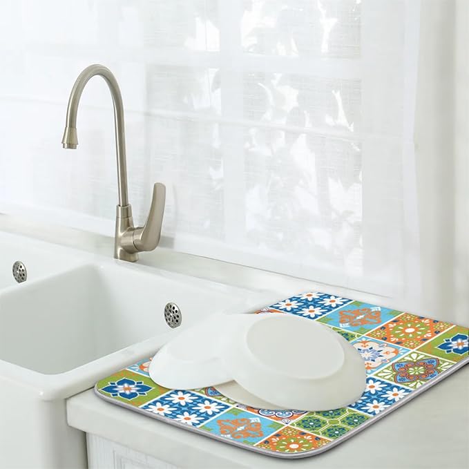 Dish Drying Mat for Kitchen Counter - Absorbent Microfiber Drying Rack Pads Reversible Dish Pad Draining Mats for Countertop Coffee Mats,18x24 inch(Mexican Talavera)