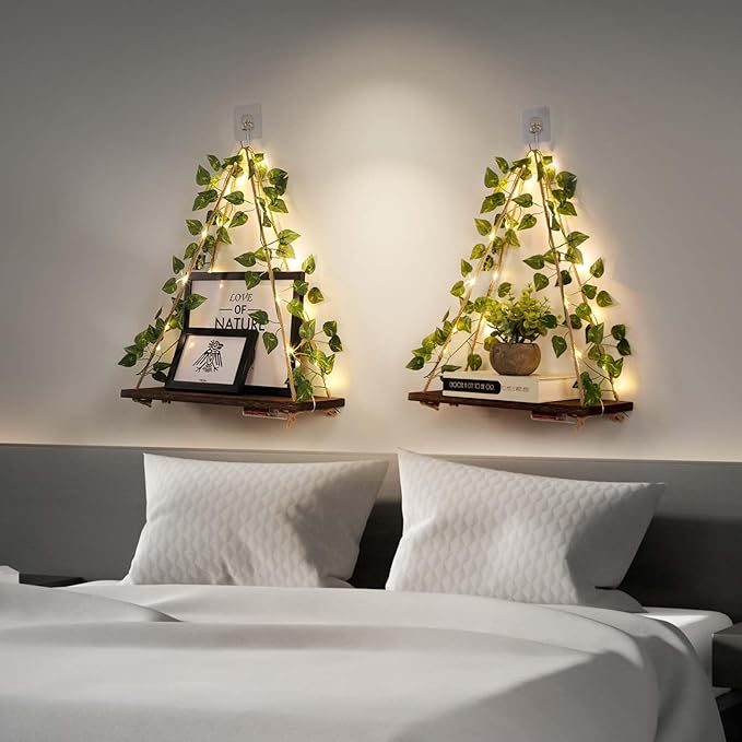 Floating Shelves for Wall No Drilling,Wall Dcorations Art,Hanging Shelf,Leaves and Light Strip with Flower,Set of 2 Plant Decor for Home House Livingroom Bedroom Officer,Boho Decor,Gifts for Woman-NeatNest
