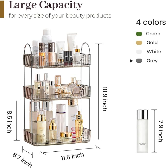 Aveniee Bathroom Counter Organizer, 3 Tier Perfume Skin Care Countertop Storage Shelf, Vanity Makeup Tray for Cosmetic Skincare Lotion,Grey-NeatNest