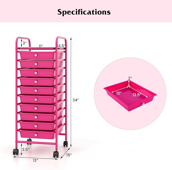 Giantex 10-Drawer Storage Cart w/Universal Wheel, Rolling Cart w/Handle, Home Organizer Storage Unit w/Removable Drawers, Trolley Utility Cart for Kitchen Makeup Living Room Office Play Room, Hot Pink