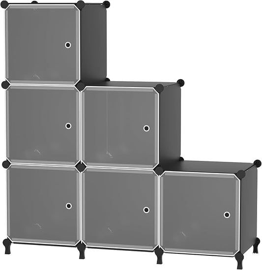 Cube Storage Organizer, 6-Cube Shelves Unit with Doors, DIY Stackable Plastic Clothes Organizer for Bedroom and Under Stairs Storage Unit, Each Compartment 30 x 30 x 30 cm Black ATTSL6001-NeatNest