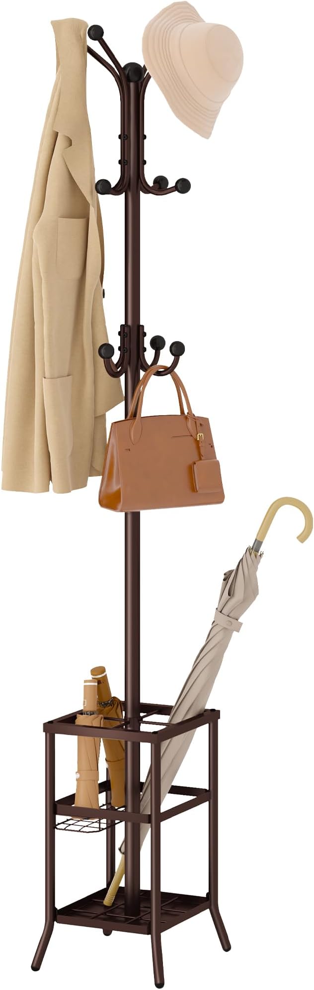 FAVOOSTY Coat Rack Freestanding,Coat Rack Stand with Umbrella Holder,Metal Coat Tree with 12 Hooks,Tree Clothes Hat for Entryway, Hallway, Bedroom, Living Room & Office -Brown-NeatNest