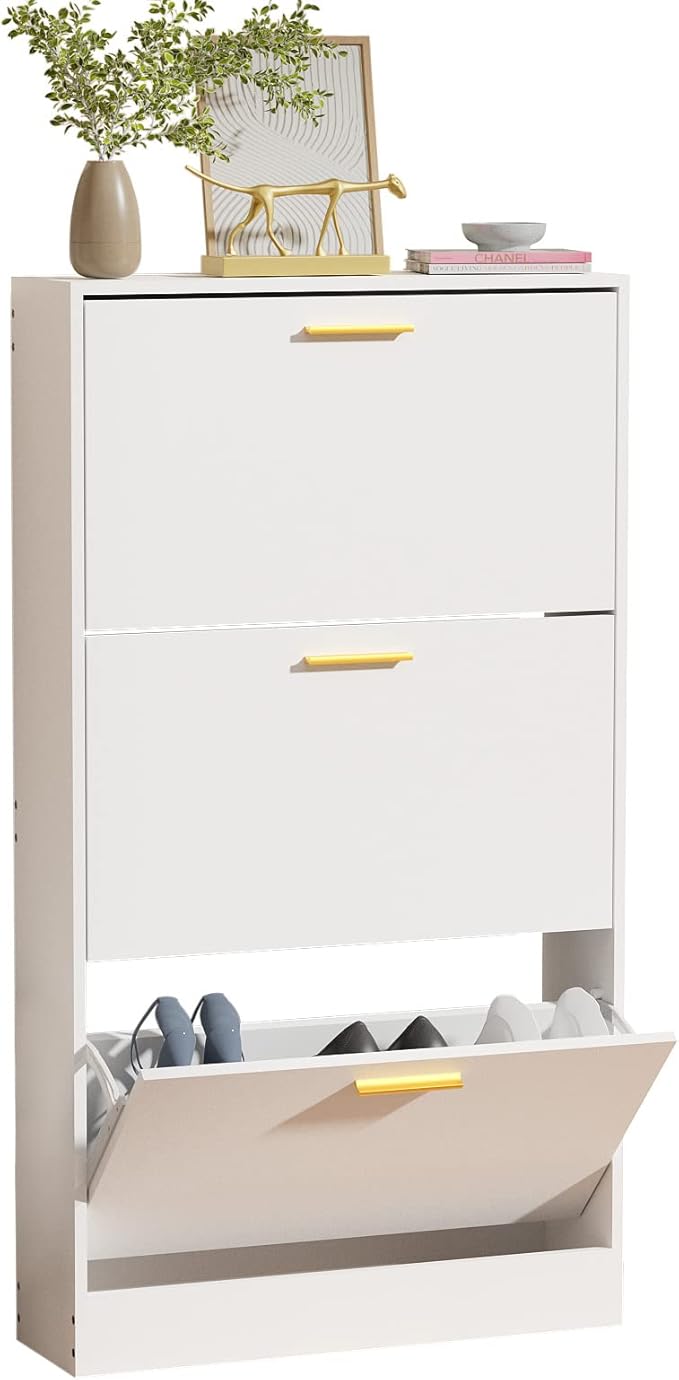 JOZZBY Shoe Cabinet Storage with 3 Flip Drawers for Entryway, White Slim Freestanding Modern Narrow Shoe Organizer Rack Cabinet for Hallway, Living Room, Set of 2-NeatNest