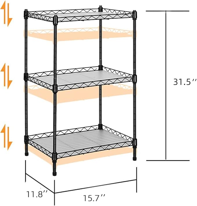 Best 3-Tier Wire Shelving - Black -Mini Shelf - Kitchen Storage Shelves, Lightweight countertop Storage Rack Corner Shelf Shelving Adjustable Storage Shelf, 11.8" D x 15.7" W x 31.5" H-NeatNest