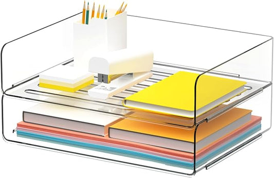 Desk Organizer, Stackable Paper Letter Tray, Office Desktop File Paper Holder, Book Storage Rack (Clear, 2 x Wide Entry)-NeatNest