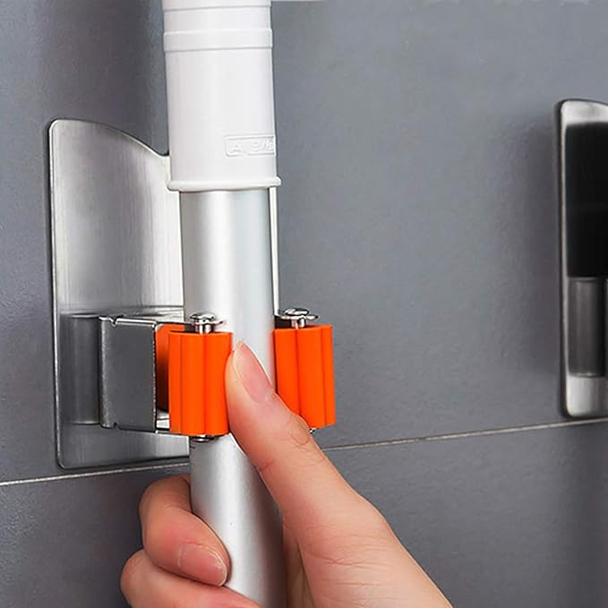 Broom and Mop Holder Wall Mounted, Stainless Steel Self Adhesive Single Broom Hanger Hook, Heavy Duty Organizer Rack, V-Shape Orange, 4 Pack