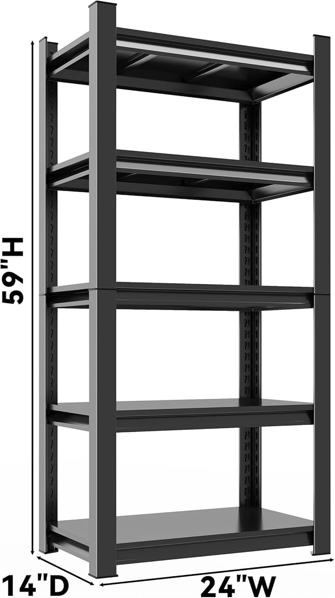 5 Tier Tall Bookcase - Industrial Metal Bookshelf, Adjustable Wide Shelves for Heavy Duty Storage in Bedroom/Living Room/Library, Black Organizer