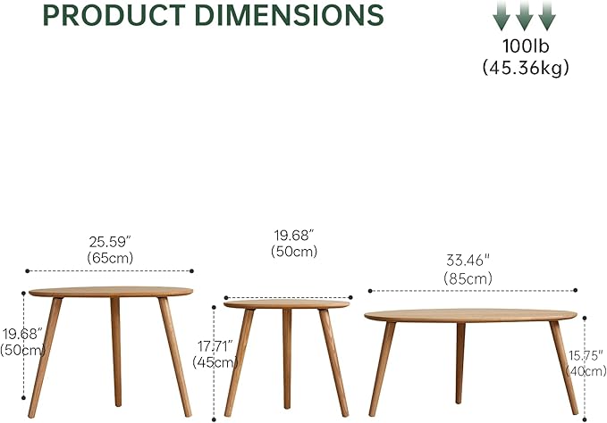 Small Oval Nesting Table, Mid Century Coffee Table for Living Room,Solid Oak Wood End Tables,Triangle Tabletop with 3 Legs,Minimalist Display Living Tables (Original Wood Color, 3 Pieces)