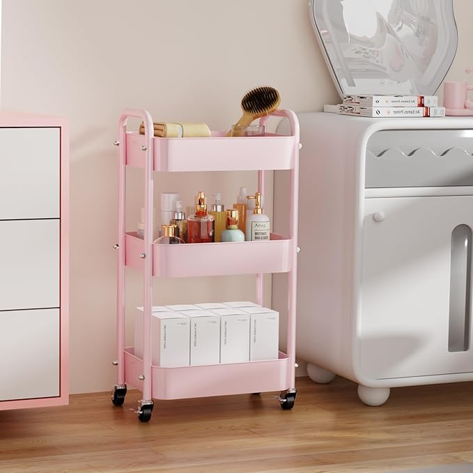 3 Tier Rolling Cart with Table top, Metal Rolling Utility Cart, Sturdy Storage Organizer Cart with Locking Wheels & Hooks for Office, Classroom, Kitchen and Bathroom,Pink-NeatNest