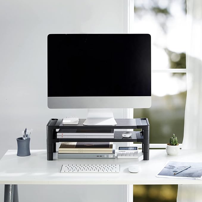 HUANUO Monitor Stand Computer Riser, Monitor Stand for Desk with Adjustable Height and 2 Platforms, Ergonomic Computer Riser, Monitor Riser for Laptops and Monitors, HNMS04