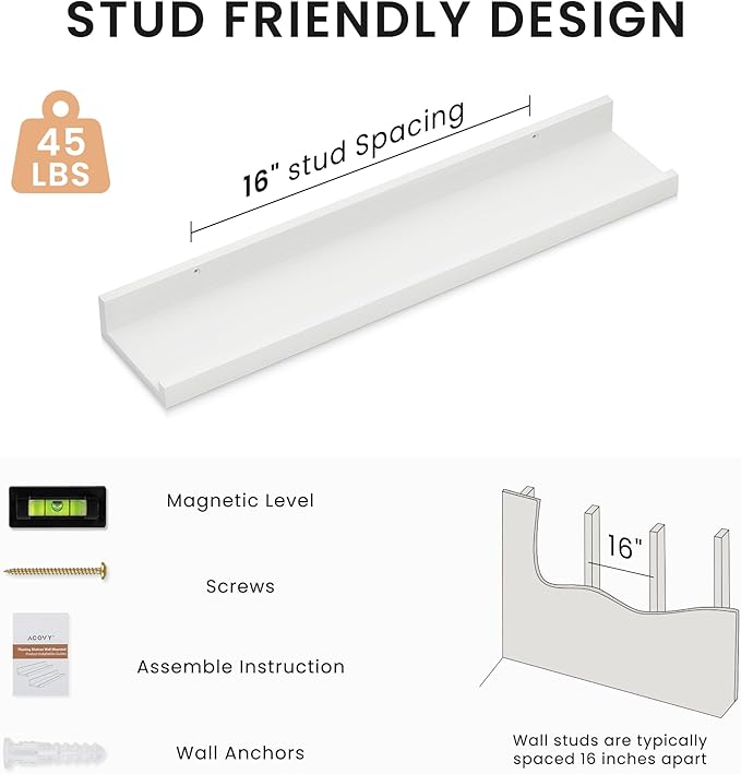 Floating Shelves for Wall, 24 inch Solid Wood Picture Ledge Shelf, Picture Shelf for Wall with Ledge, Floating Book Shelves for Living Room Bedroom Kitchen Nursery Decor, White, Set of 2-NeatNest