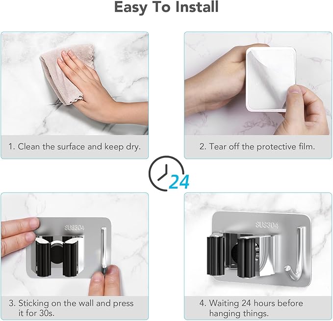 Mop Broom Holder No Drill, Mop Broom Organizer Wall Mounted Heavy Duty with Hooks Hanger, Self Adhesive Stainless Steel 4Pcs for Bathroom, Kitchen, Office (Silver)-NeatNest