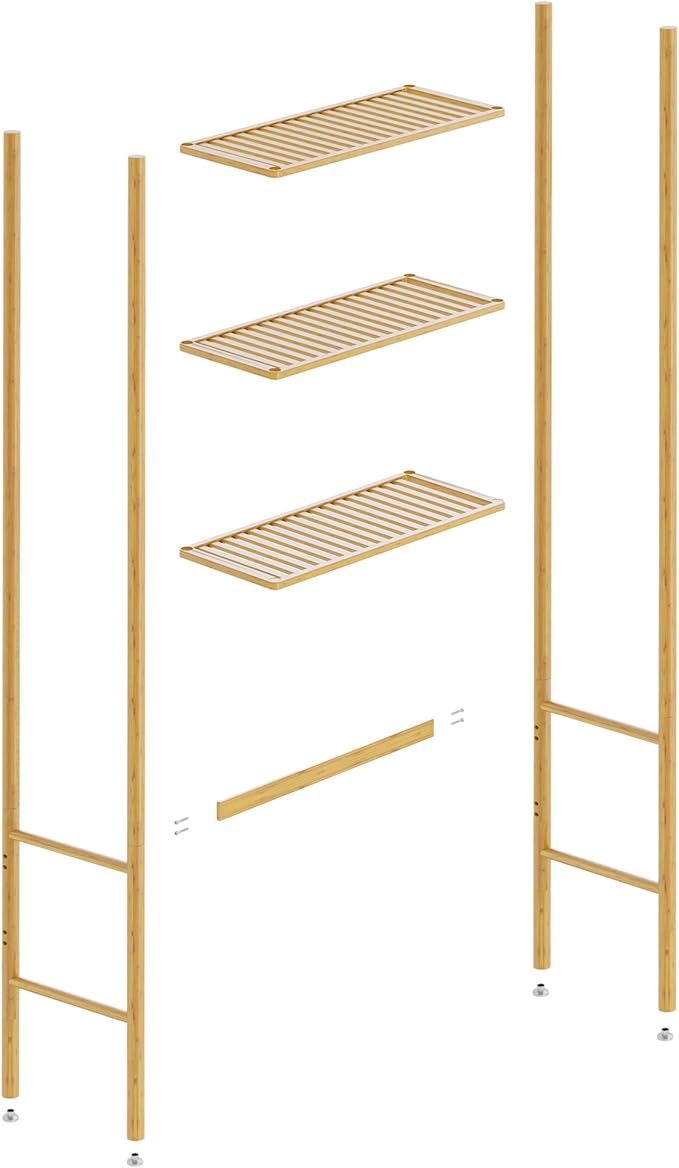 3 Tier Over The Toilet Organizer Rack Bamboo, Freestanding Bathroom Toilet Storage Shelf, Space Saving and Easy to Install, Adjustable Feet, Adjustable Bottom Rod