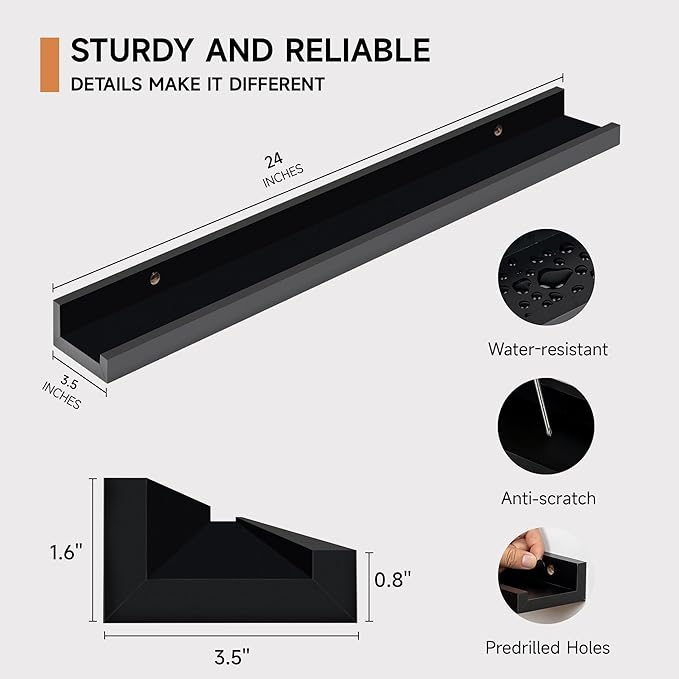 Fun Memories Picture Ledge Shelf, 24 Inch Floating Shelves Set of 2, Nursery Book Shelves for Toys Storage, Kids Bookshelf Wall Mounted for Wall Decor Books Photo Frames, Black-NeatNest