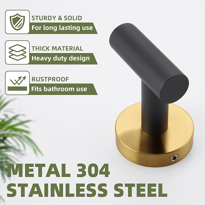 APLusee Bathroom Towel Hook Black & Gold, SUS 304 Stainless Steel Modern Robe Hook for Home Storage, Towel Hanger Wall Mounted
