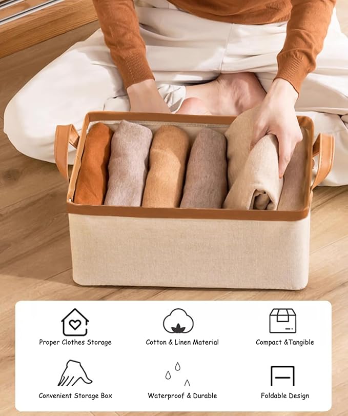 AARAINBOW 4 Pcs Closet Clothes Organizer with Handle, Fabric Storage Bin with Steel Frame Closet Shelf Box Stackable Shelf Storage Baskets Foldable Wardrobe Storage Box for Cltohes Toys, 20L (4 White)-NeatNest