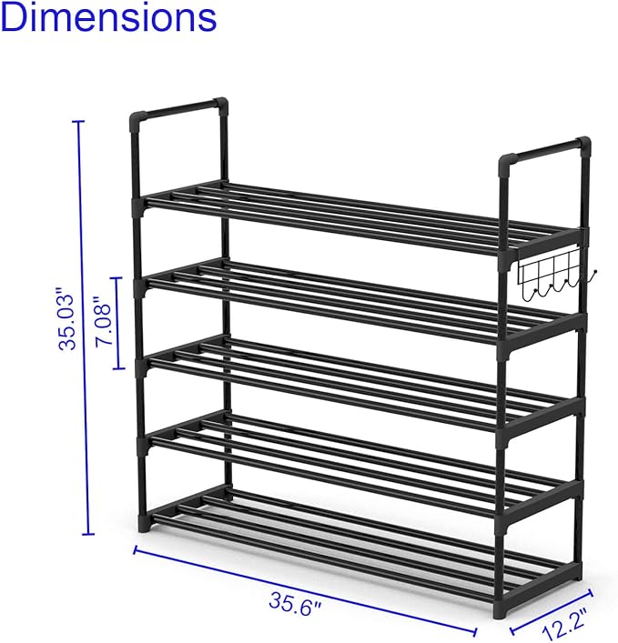 5 Tiers Metal Shoe Rack,Adjustable Shoe Shelf Storage Organizer with Hooks,Stackable Boot & Shoe Storage,for Entryway,Hallway,Closet,Black-NeatNest