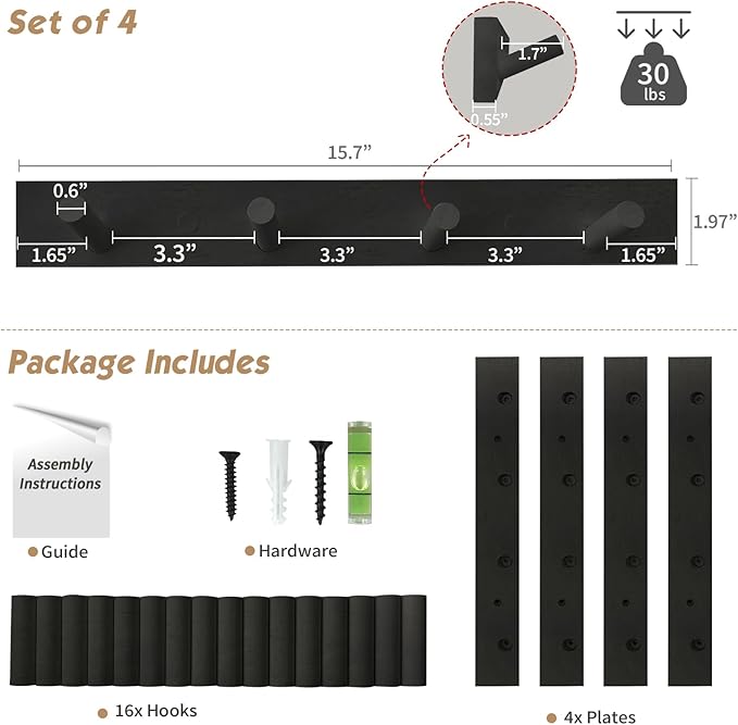Forbena Black Coat Rack Wall Mount 4-Pack, Rustic Farmhouse Coat Hooks for Wall, Vertical Hanging Hat Rack for Office, Bedroom, Closet, Small Spaces, Kids Room Clothes, Entryway Shoes - 16 Pegs