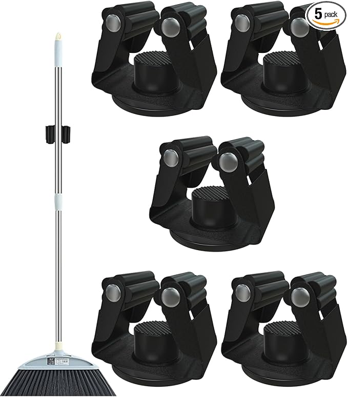 Magnetic Broom Holder, Steel Mop Mount No Drilling Magnetic Holder for Garage Tools, Anti-Slip Utility Mount for Garage, Kitchen, Laundry Tools Organizer and Management - 5 Pack/Black