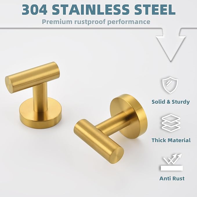 APLusee Hand Towel Hook 2 Pack Brushed Gold, 304 Stainless Steel Bath Robe Hanger, Wall Mounted