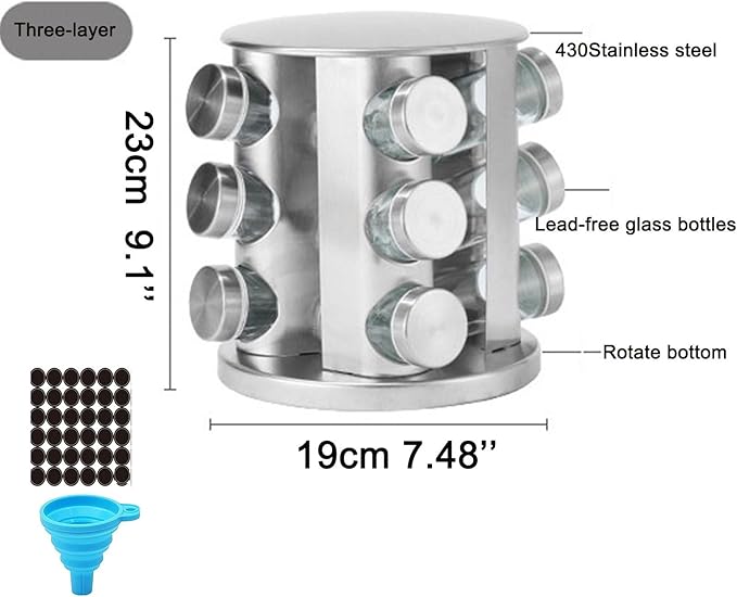 Spice rack-Revolving Spice Rack Set, Kitchen Spice Tower Organizer for Countertop or Cabinet -Desktop Rotating Seasoning Organizer(Stainless Steel) (Silver, 12-Jar)