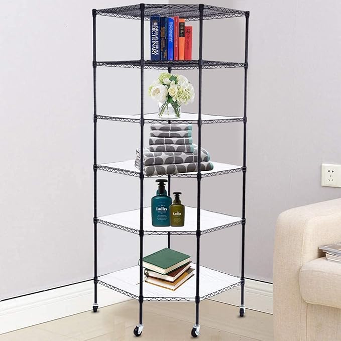 6 Tier Corner Wire Shelving Unit, Adjustable Wire Shelf with Wheels, Metal Storage Shelves and Racks for Kitchen, Bathroom, Laundry, Pantry, Closet (27" D x 27" W x 71" H, Black)