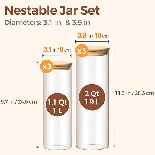ComSaf Glass Food Storage Jars Set of 6, Tall Glass Storage Containers with Lids, Spaghetti Jar, Canisters Set for the kitchen, Pasta, Flour, Nuts, Oat, Coffee and Sugar Container, Pantry Organization-NeatNest
