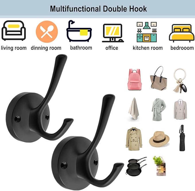 Black Towel Hooks, 2 Pack Coat Robe Hook Heavy Duty Metal Double Bathrobe Hook Wall Mounted, Hand Towels Hooks for Cubicle Bathroom Kitchen Closet Garage-NeatNest
