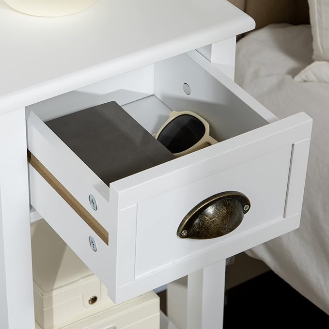 HOMCOM 2-Tier Side Table with Drawer, Narrow End Table with Bottom Shelf, for Living Room, Set of 1, White