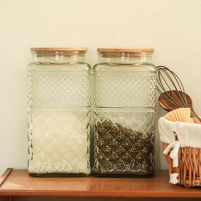 0.87 Gallon /111.5oz Glass Jar with Bamboo Lid, Large Cookie Jar, Glass Food Storage Container, Large Kitchen Canisters for Flour, Cereal, Coffee, Pasta and Canning, Square Mason Jars