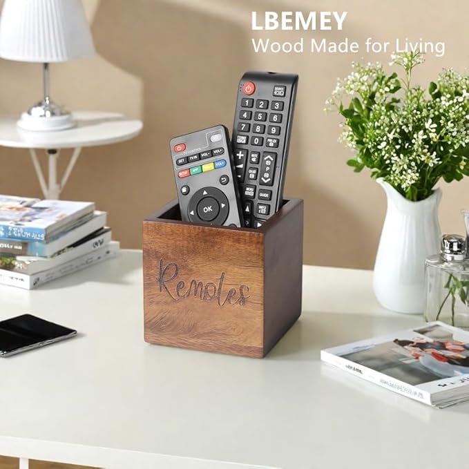 Acacia Wood TV Remote Holder, Caddy and Organizer for Table, Vintage Farmhouse Desk Caddy (Brown for 2 or 3 Remote Controls)-NeatNest