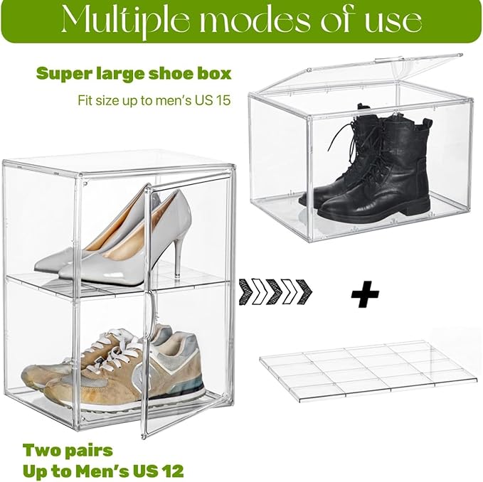 Acrylic Display Case with an Adjustable Divider, 2 Tiers XXX-Large Boot Shoe Storage Boxes Clear Plastic Stackable Storage Bin with Lids Super Large Clear Display Box for Shoes, Collectibles-NeatNest