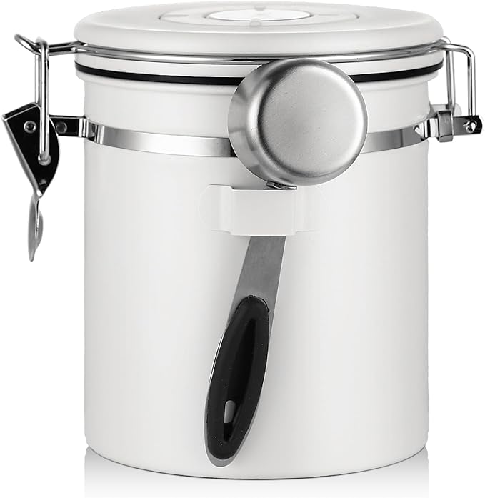 Bincoo Coffee Canister, Airtight Stainless Steel Coffee Bean Storage Container with Date Tracker, Home Kitchen Food Storage Organizers for Grounds,Beans,Espresso,Sugar,Scoop,Bar (1200ML-White)-NeatNest