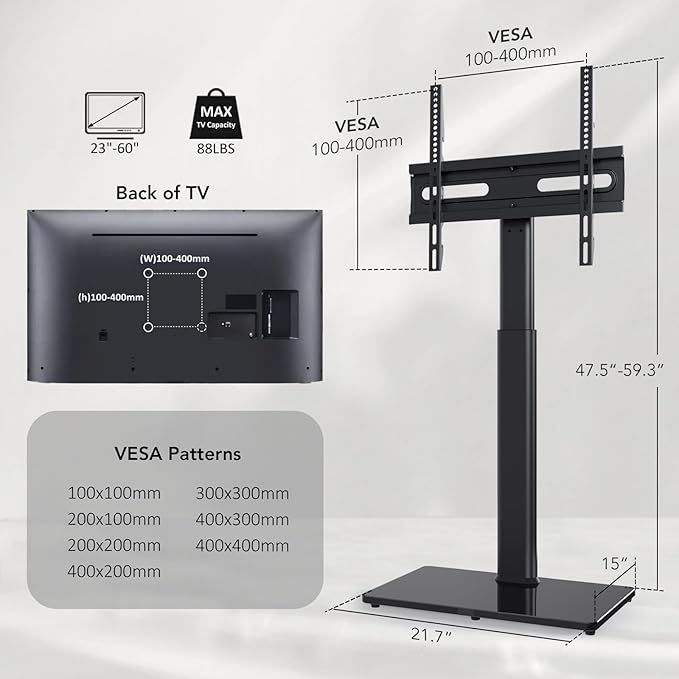 AX WABER Universal Floor TV Stand with Mount 70 Degree Swivel 9 Level Height Adjustable and Space Saving Design for Most 27 to 65 inch LCD, LED OLED TVs, Perfect for Corner & Bedroom AX1006TB