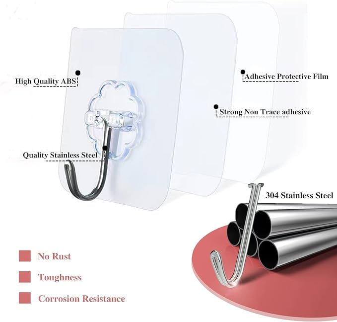 DDMY Hooks for Hanging, 50 Pack Wall Hooks 33lb(Max) Transparent Reusable Waterproof Adhesive Hook for Kitchen Curtain, Towel Hook for Bathrooms, Heavy Duty Self Coat Hook for Walls No Damage-NeatNest