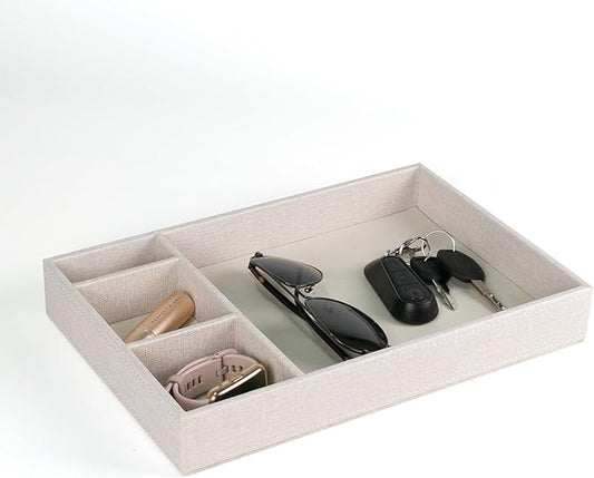 Desktop Storage Organizer, Nightstand or Dresser Organizer, Valet Tray, Entry Table Organizer, 4 Compartments,PU Leather Drawer Storage Organizer Decorative Trays. (Pearl White—2)-NeatNest