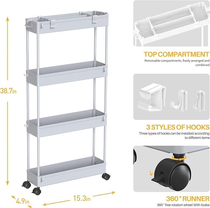 SPACELEAD Slim Storage Cart 4 Tier,Bathroom Organizer Rolling Utility,Mobile Shelving Unit Slide Out for Office, Kitchen, Laundry Room & Narrow Places,Gray-NeatNest