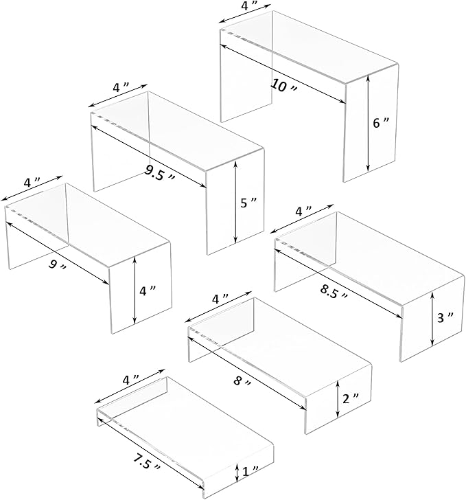 Acrylic Display Risers 6pcs, Clear Rectangular Display Organizer Stands, Acrylic Display for Funko Pop Figure, Desserts, Cupcake, Toys, Collectibles, Merchandises - 7.5''x8''x8.5''x9''x9.5''x10''-NeatNest