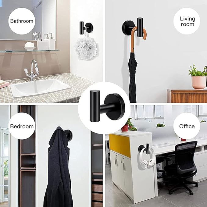 Bathroom Towel Hook, Coat Robe Hook Matte Black, Stainless Steel Wall Hook for Bathroom Bedroom Kitchen Cabinet Closet Hotel, Heavy Duty Drill-Installed Door/Wall Hanger (2PCS Black)