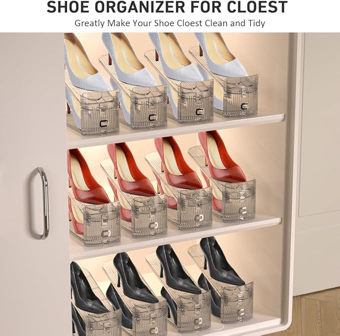 12 Pack Clear Shoe Slots Organizer - Adjustable Height 3.7''to 7.7'' Shoe stackers for a pair of shoes ,Shoe rack storage shoe space saver 50%,Easy to assemble shoe hold shoe organizer for cloest-NeatNest