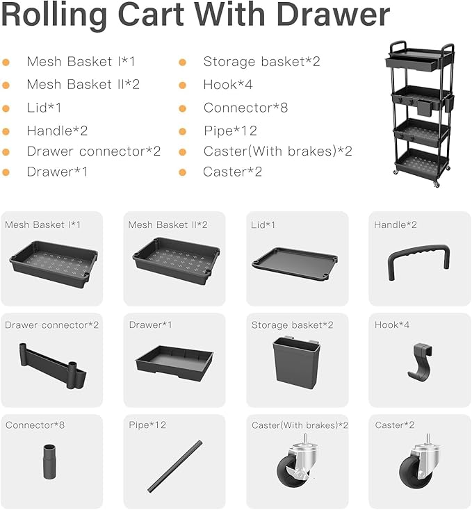 4 Tier Rolling Cart Organizer,Art Craft Diaper Bedside Snack Laundry Room Bathroom Organizer Narrow Thin Slim Rolling Trolley Utility Cart with Wheels for Kitchen,Office(Black)-NeatNest