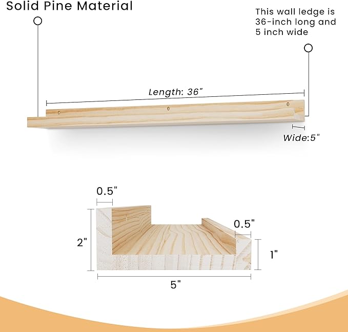 Floating Shelves for Wall, 36 inch Solid Wood Picture Ledge Shelf, Picture Shelf for Wall with Ledge, Floating Book Shelves for living room Bedroom Kitchen Nursery Decor, Natural Unfinished, Set of 2-NeatNest